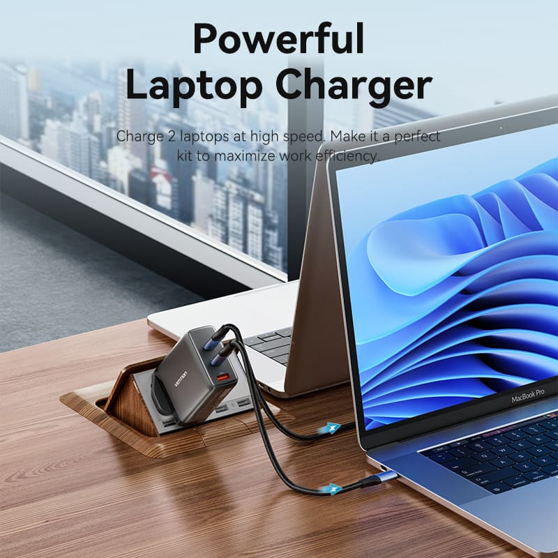 Vention GaN USB charger 100W for fast charging of laptops and devices on a modern desk setup