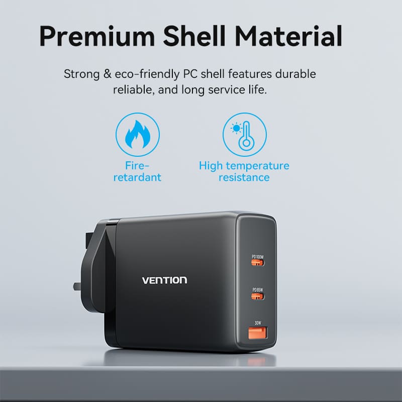 VENTION GaN USB charger 100W featuring premium shell material, fire-resistant, and high temperature resistant