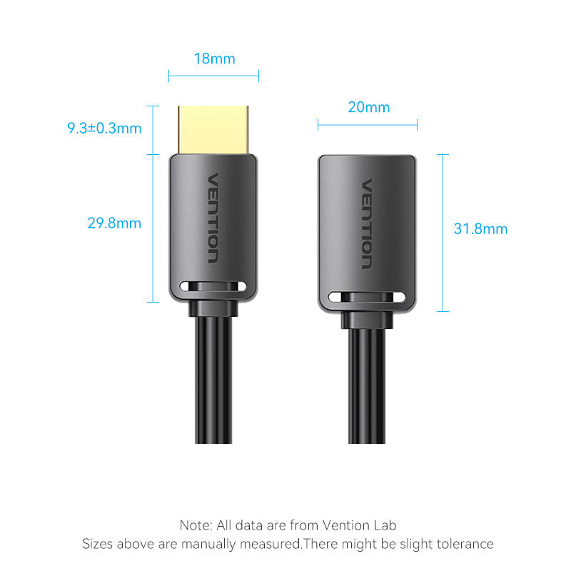 VENTION HDMI 4K extension cable with measurements highlighting its compact design for high-quality connections