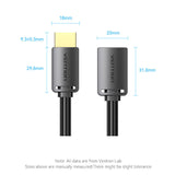 VENTION HDMI 4K extension cable with measurements highlighting its compact design for high-quality connections