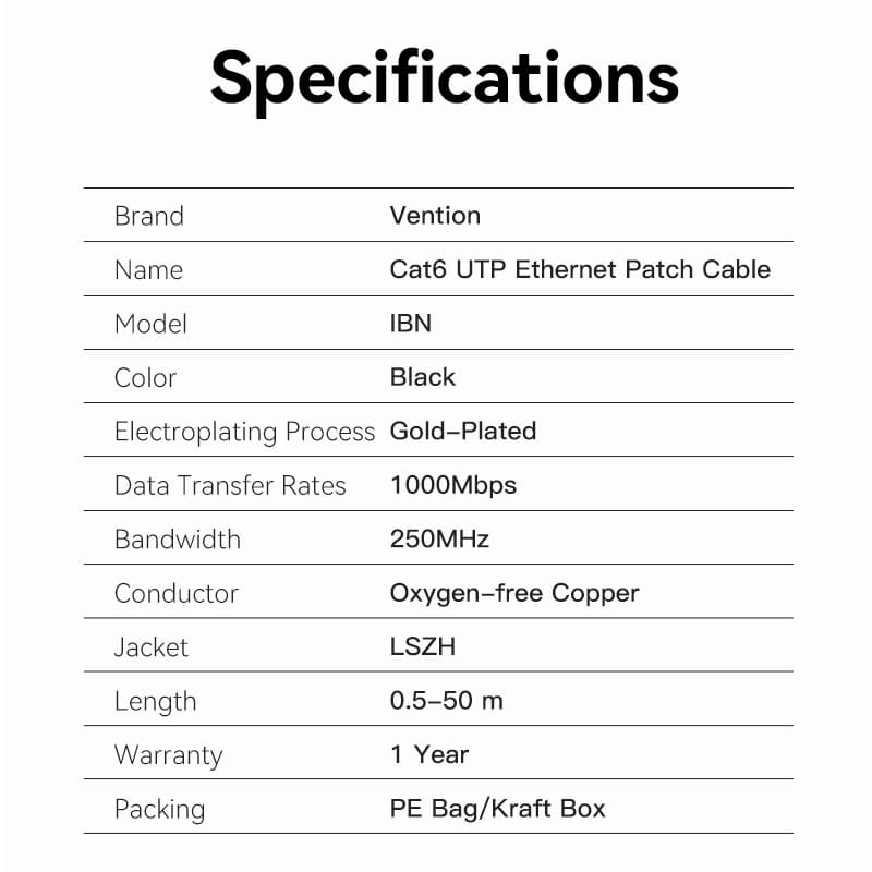 Vention LSZH Cat 6 Ethernet cable in black, designed for high-speed data transfer at 1000Mbps