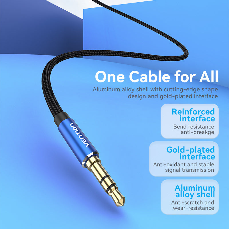 VENTION male to male aux cable with aluminum alloy shell and gold-plated connectors for improved audio quality