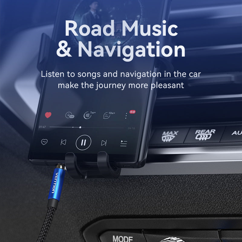 VENTION male to male aux cable connected to a smartphone for road music and navigation