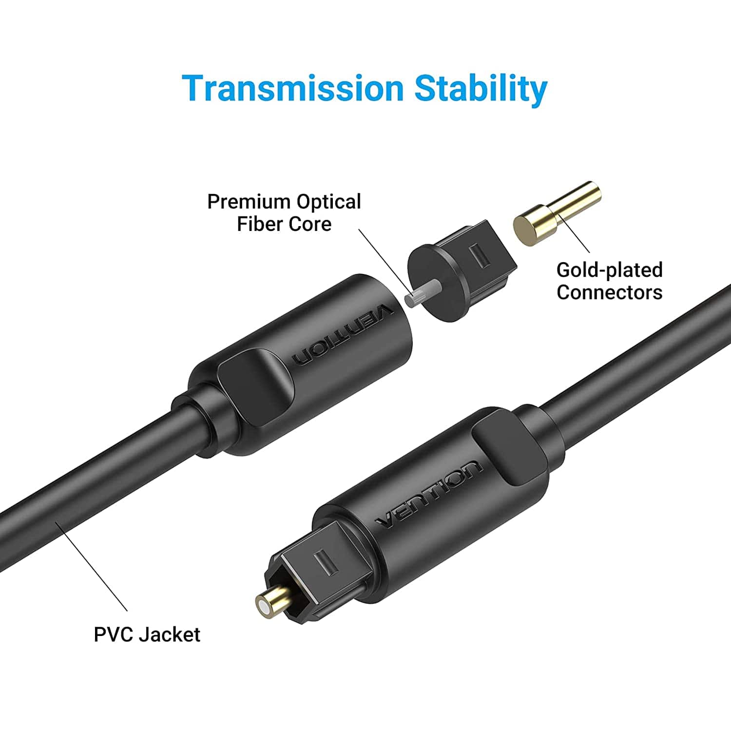 Vention optical fiber audio cable featuring premium fiber core, PVC jacket, and gold-plated connectors
