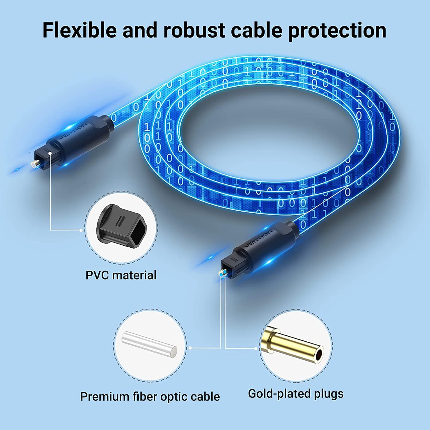 Vention optical fiber audio cable with flexible protection and gold-plated plugs for optimal sound quality