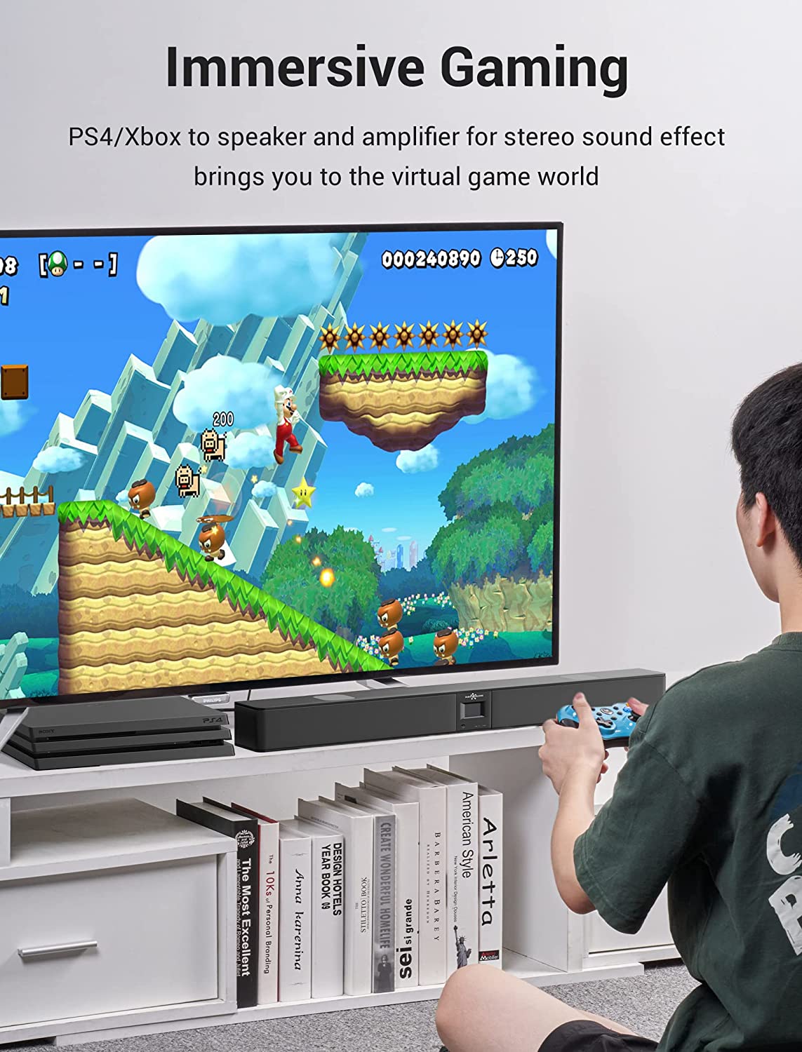 Immersive gaming setup with VENTION optical fiber audio cable connecting console to speaker for enhanced sound