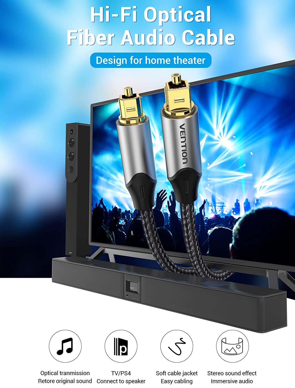 Vention Hi-Fi Optical Fiber Audio Cable for home theater with durable design and easy connection