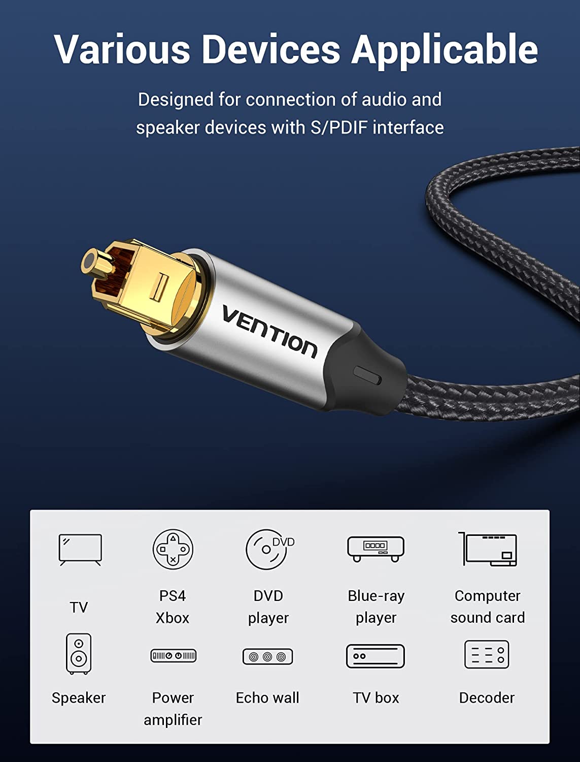 VENTION optical fiber audio cable designed for connecting audio devices like TVs and speakers