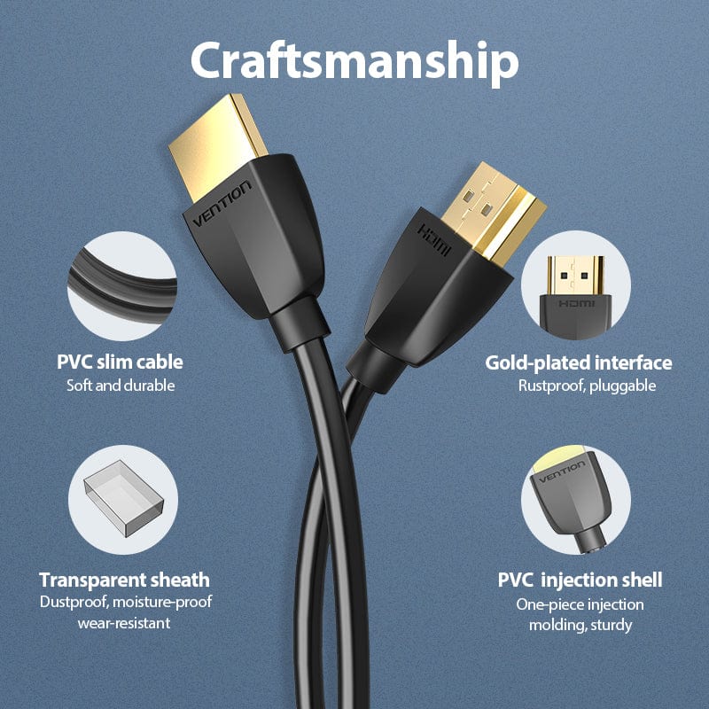 VENTION Portable HDMI Cable Black with gold-plated interface and durable PVC construction