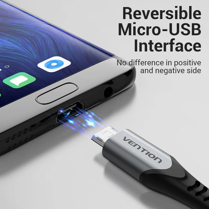 VENTION reversible USB micro-B cable connecting to a smartphone with a reversible micro-USB interface