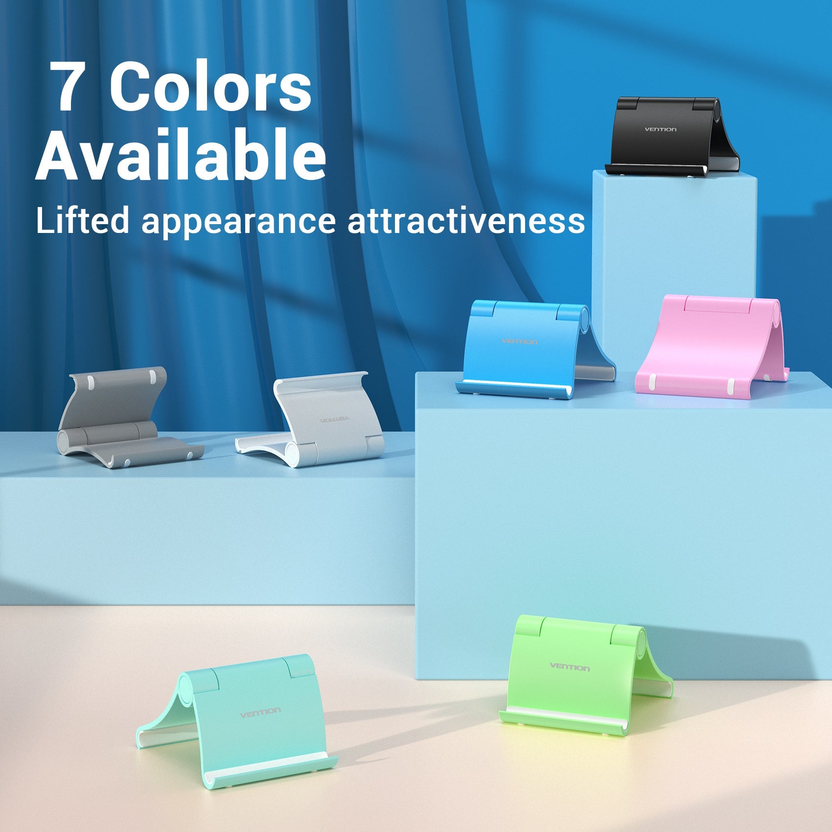 VENTION smartphone holder for desk in seven colors displayed with a modern design and lifted appearance