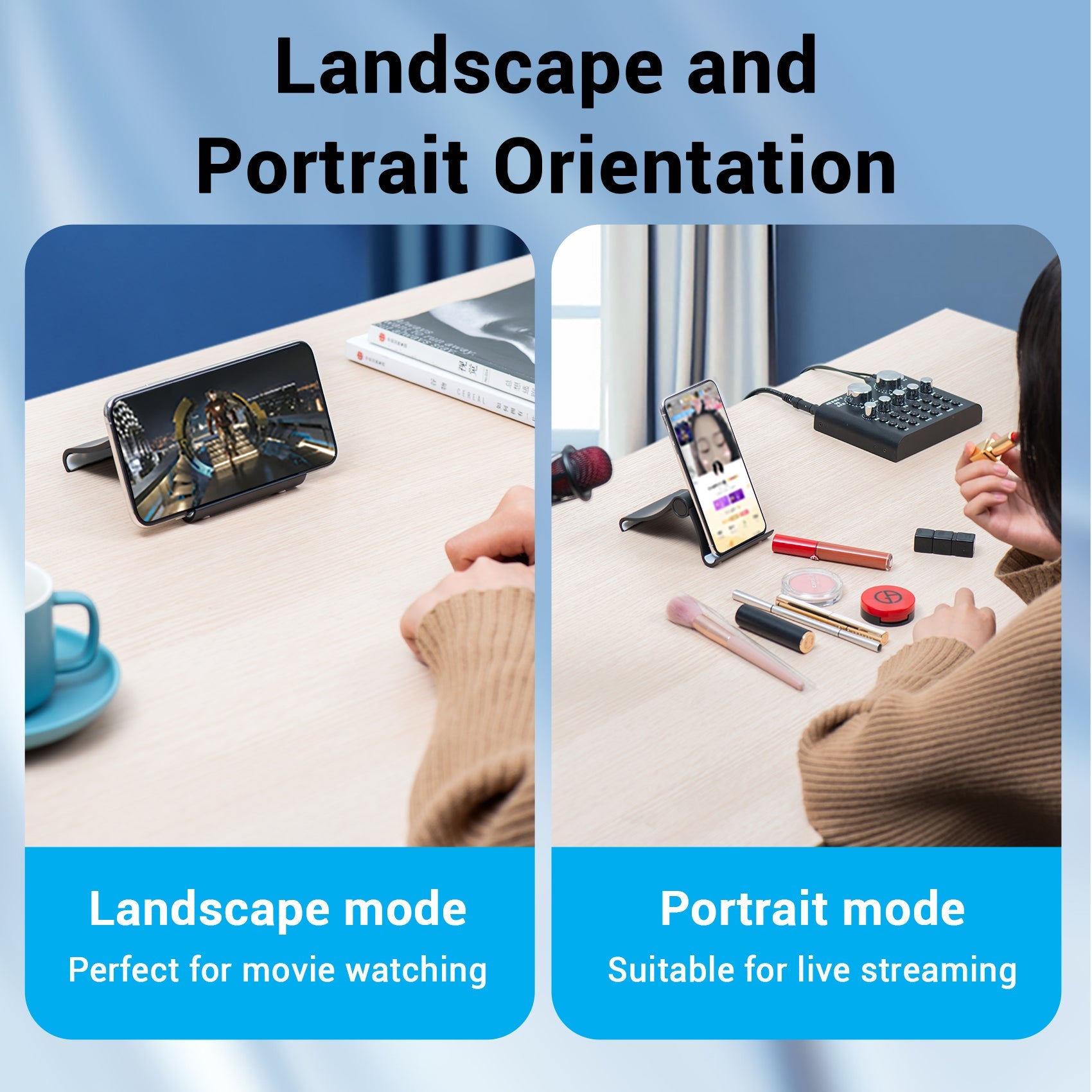 VENTION smartphone holder for desk, adjustable for landscape and portrait orientations, ideal for streaming and movie watching.