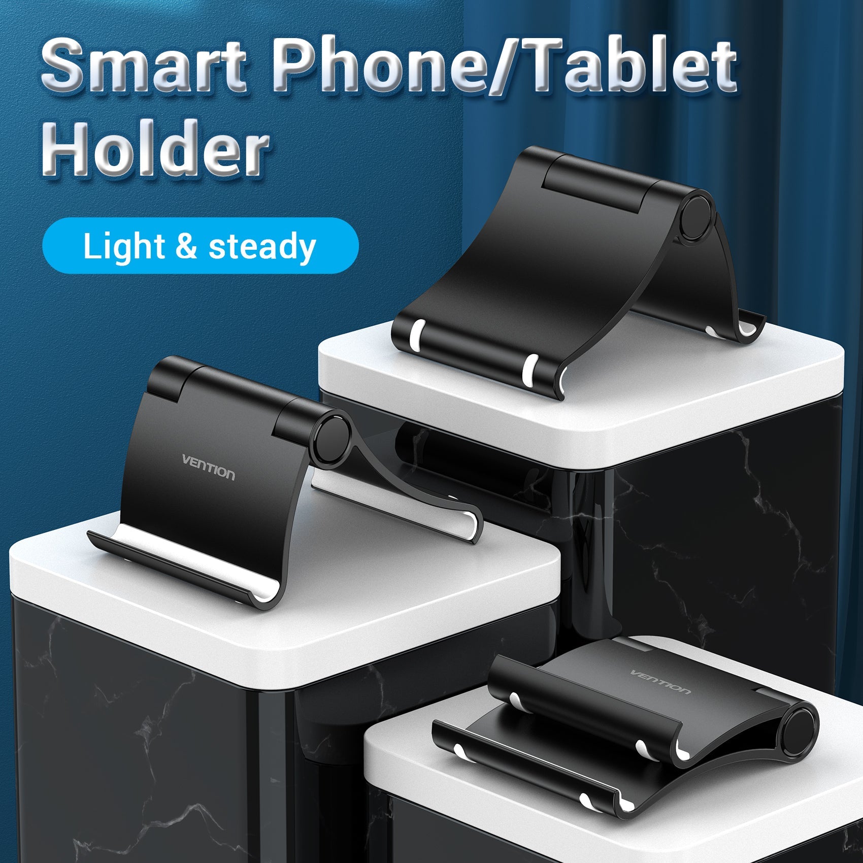 VENTION smartphone holder for desk in black, suitable for phones and tablets, ensuring stability and ease of use