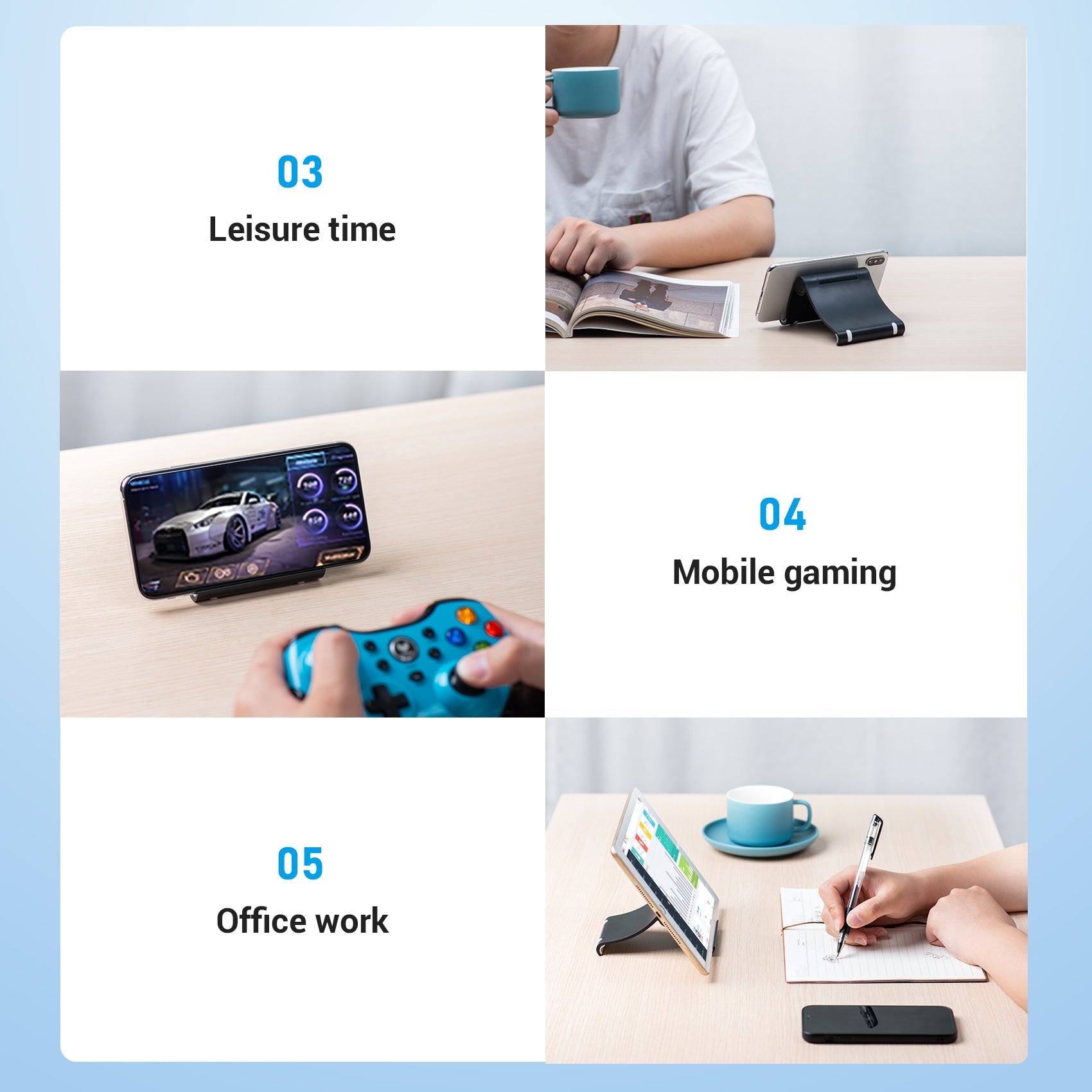 VENTION smartphone holder for desk showing versatile use for leisure, gaming, and office work
