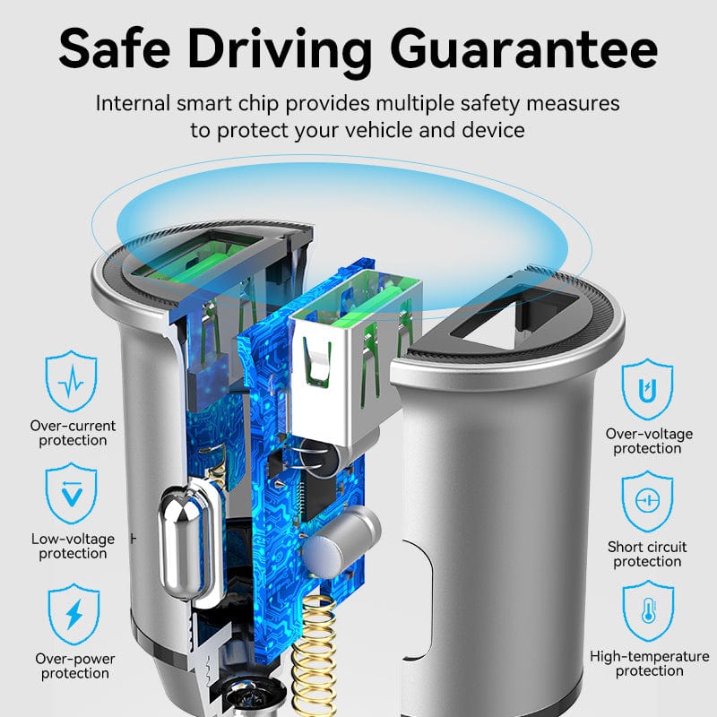 VENTION Two-Port USB A+A(18/18) Car Charger Grey Mini Style Aluminum Alloy Type