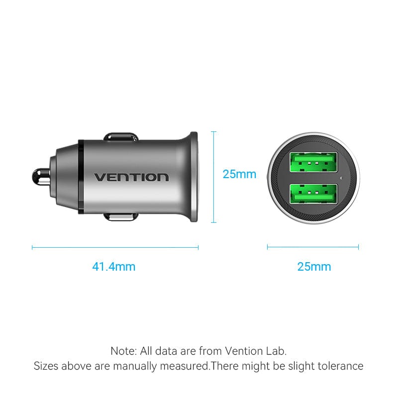 VENTION Two-Port USB A+A(18/18) Car Charger Grey Mini Style Aluminum Alloy Type