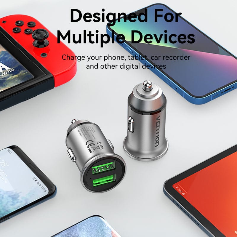 VENTION Two-Port USB A+A(18/18) Car Charger Grey Mini Style Aluminum Alloy Type