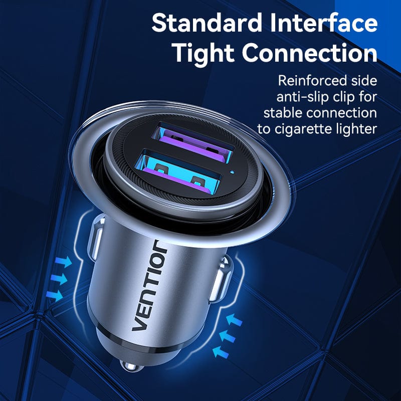 VENTION Two-Port USB A+A(30/30) Car Charger Grey Mini Style Aluminum Alloy Type