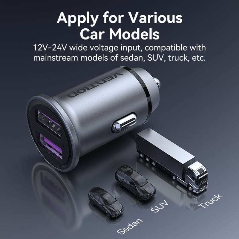 VENTION Two-Port USB A+A(30/30) Car Charger Grey Mini Style Aluminum Alloy Type