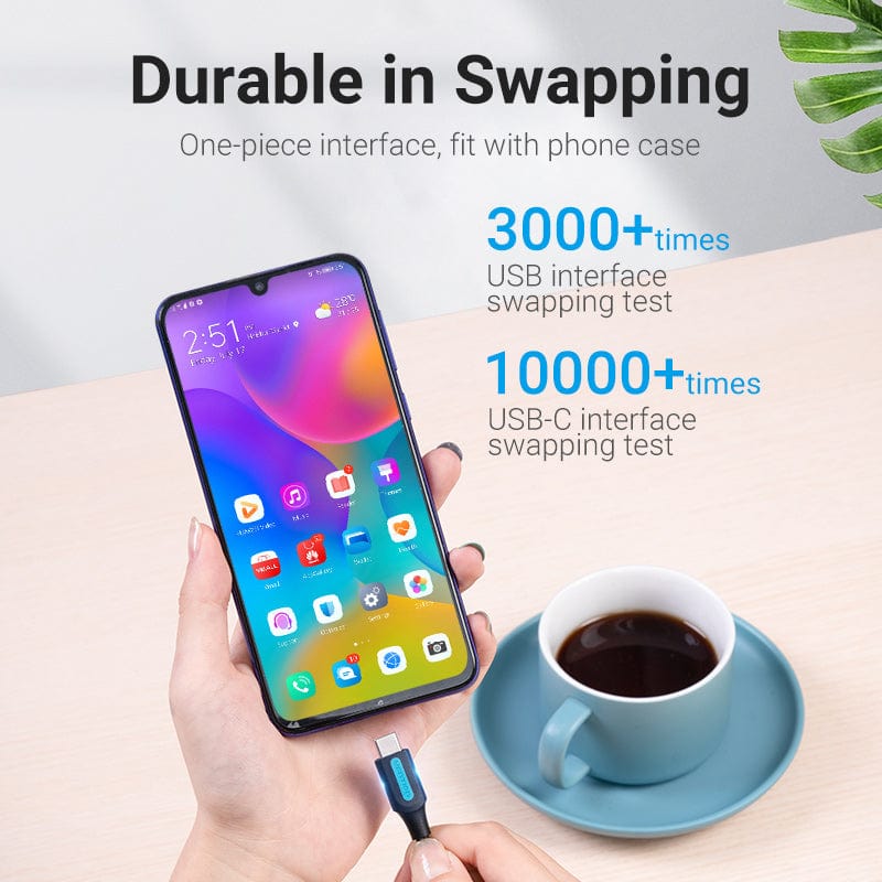 VENTION USB 3.0 A to C cable shown being used with a phone, highlighting durability in swapping