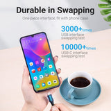 VENTION USB 3.0 A to C cable shown being used with a phone, highlighting durability in swapping