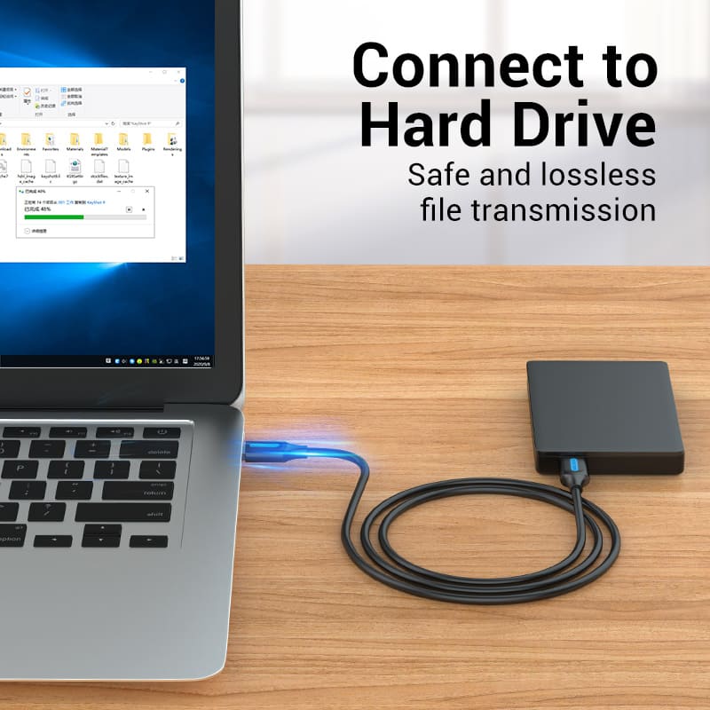Vention USB Data Cable Connected to a Hard Drive for Safe and Lossless File Transmission
