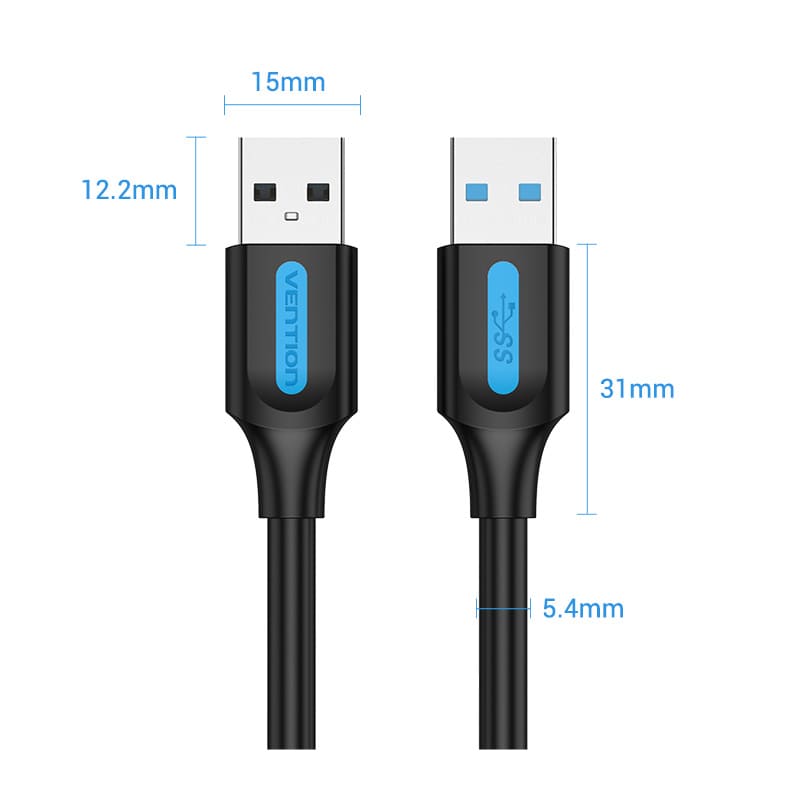 Vention USB 3.0 Data Transfer Cable with Black Durable Connectors and Specifications Shown
