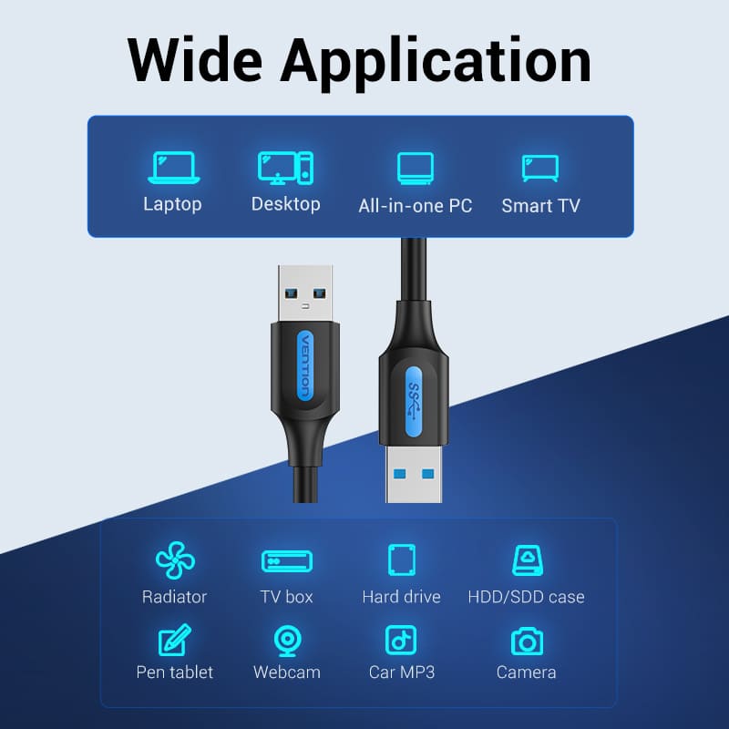 Vention USB Cable for Laptop, Desktop, All-in-One PC, and Smart TV with multiple application icons