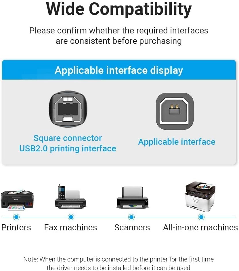 VENTION USB A printer cable compatible with various printers, fax machines, and scanners