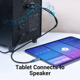 VENTION USB-C to Dual RCA cable connecting a tablet to a speaker for high-quality audio output