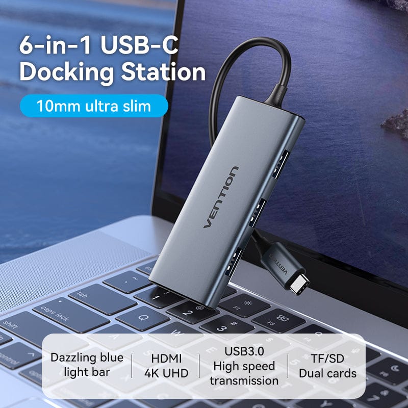 USB-C to HDMI/USB 3.0x3/SD/TF Docking Station Aluminum Alloy Type 0.15M Gray