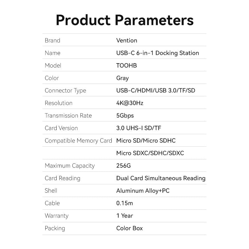 USB-C to HDMI/USB 3.0x3/SD/TF Docking Station Aluminum Alloy Type 0.15M Gray