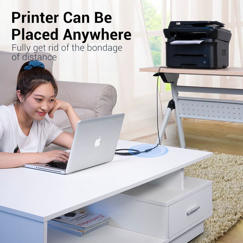 VENTION USB extension cable USB 2.0 connecting a printer to a laptop on a desk for easy accessibility