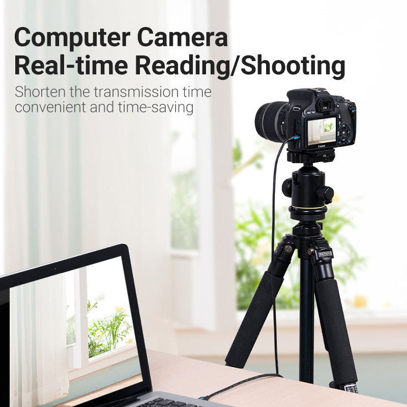 Vention USB Mini-B cable connecting a camera to a laptop for real-time reading and shooting