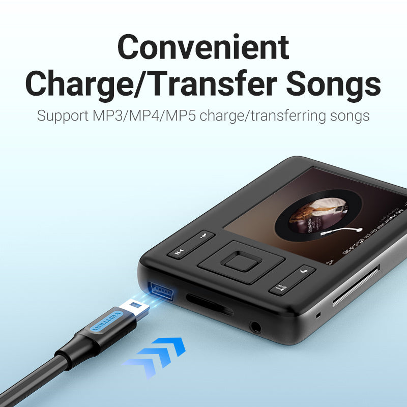 Vention USB Mini-B cable connecting MP3 player for charging and song transfer