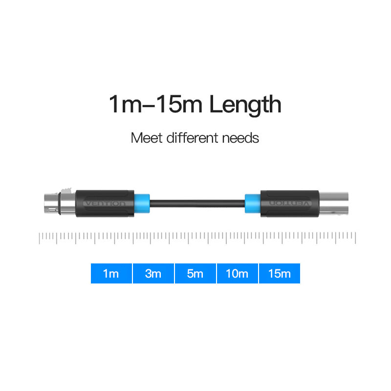 VENTION XLR audio extension cable available in lengths of 1m, 3m, 5m, 10m, and 15m for versatile use