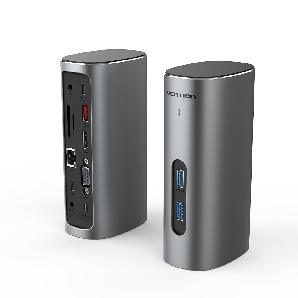 VENTION USB-C to HDMI/VGA/USB 3.1 Gen 2/USB 3.1 Gen 2-C/USB 3.0x2/RJ45/SD/TF/TRRS 3.5mm/PD/DC Docking Station Grey Vertical Aluminum Alloy Type UK Standard