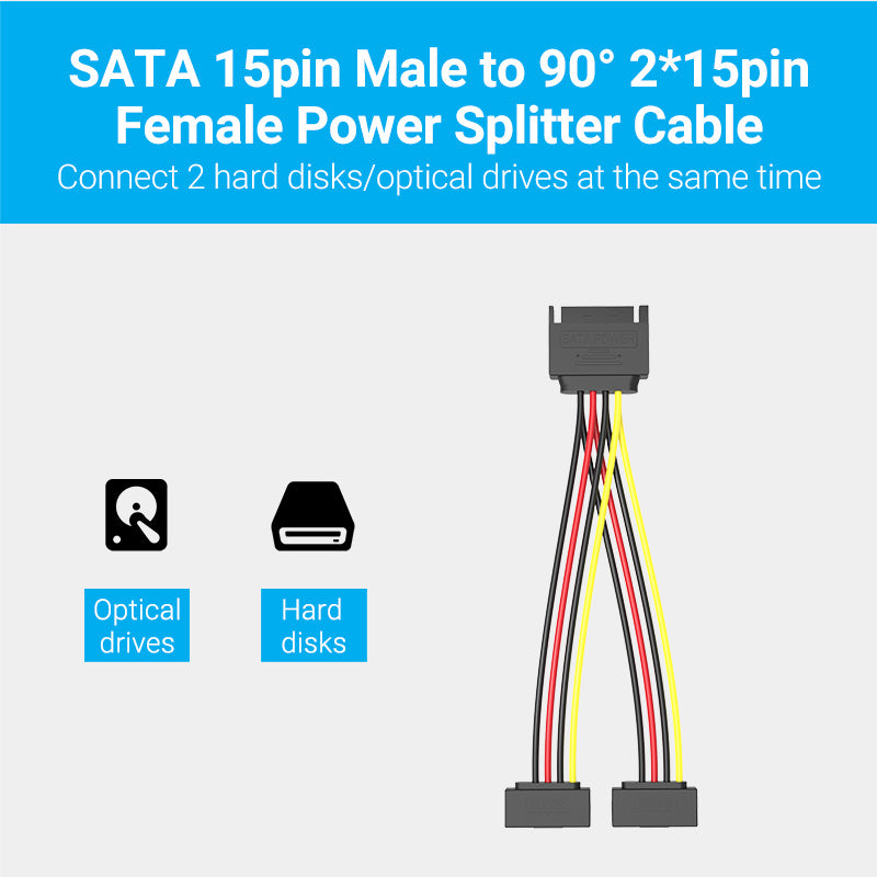 VENTION SATA 15P Male to 90° 2*15P Female Power Splitter Cable 0.15M Black