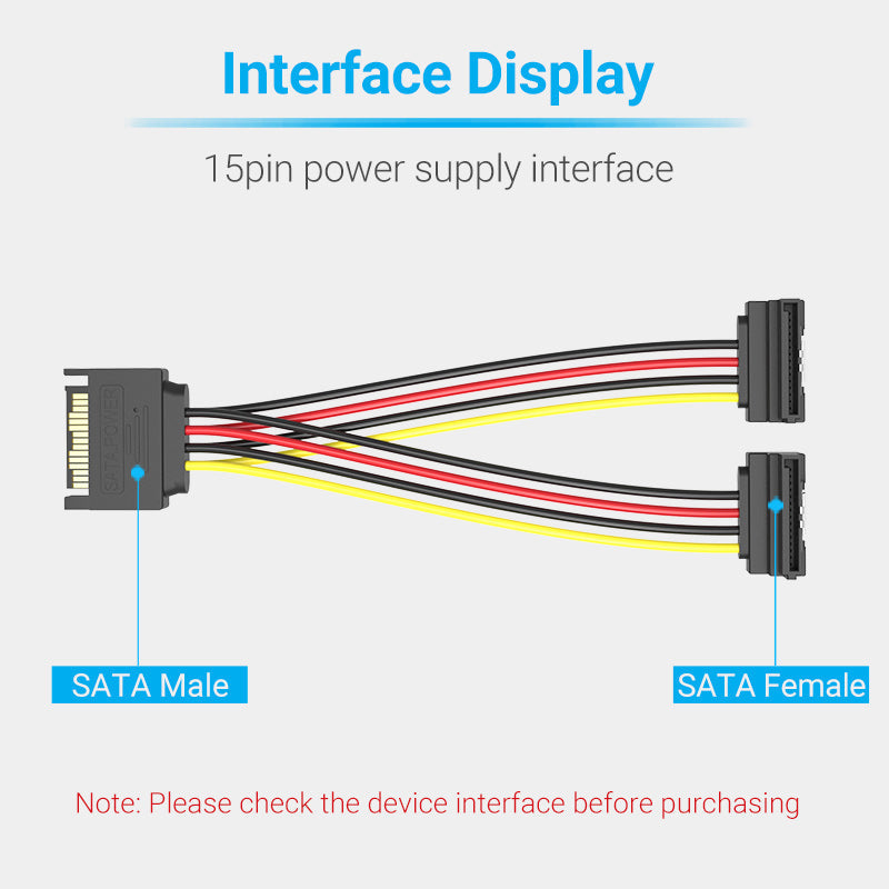VENTION SATA 15P Male to 90° 2*15P Female Power Splitter Cable 0.15M Black