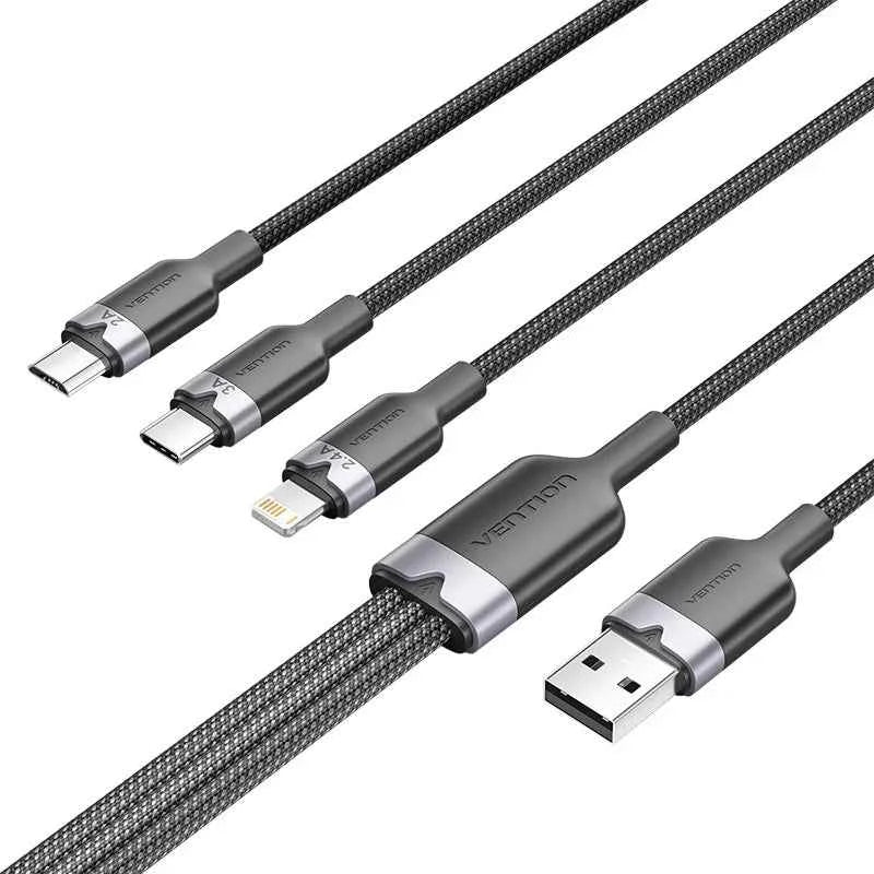 VENTION VENTION USB 2.0 A Male to 3-in-1 USB-C & Lightning & Micro-B Male 3A Cable 1.5M White Aluminum Alloy