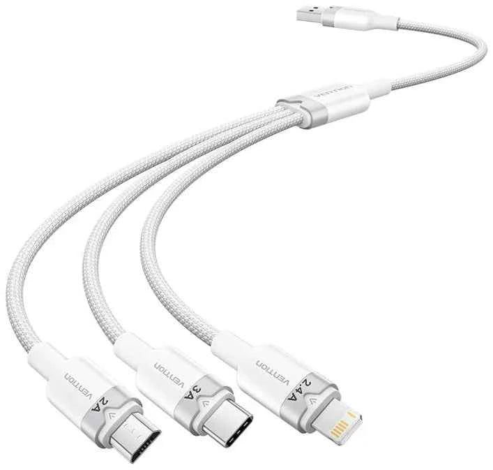 VENTION VENTION USB 2.0 A Male to 3-in-1 USB-C & Lightning & Micro-B Male 3A Cable 1.5M White Aluminum Alloy