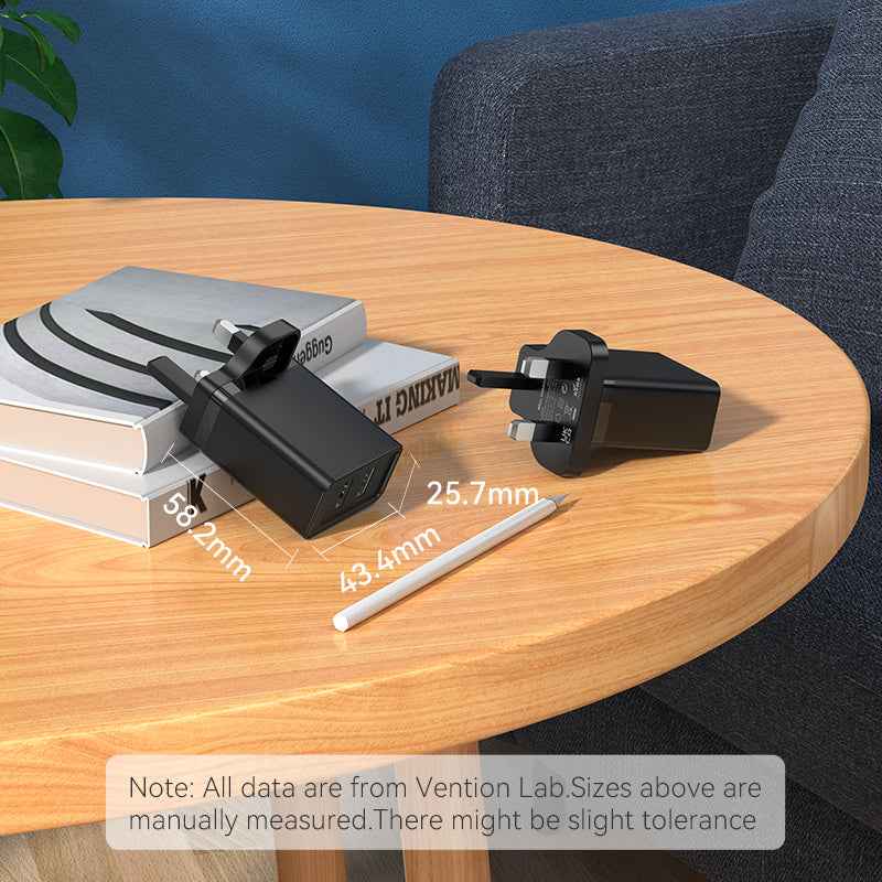 VENTION Two-Port  USB(A+A) Wall Charger (18W/18W) UK-Plug Black