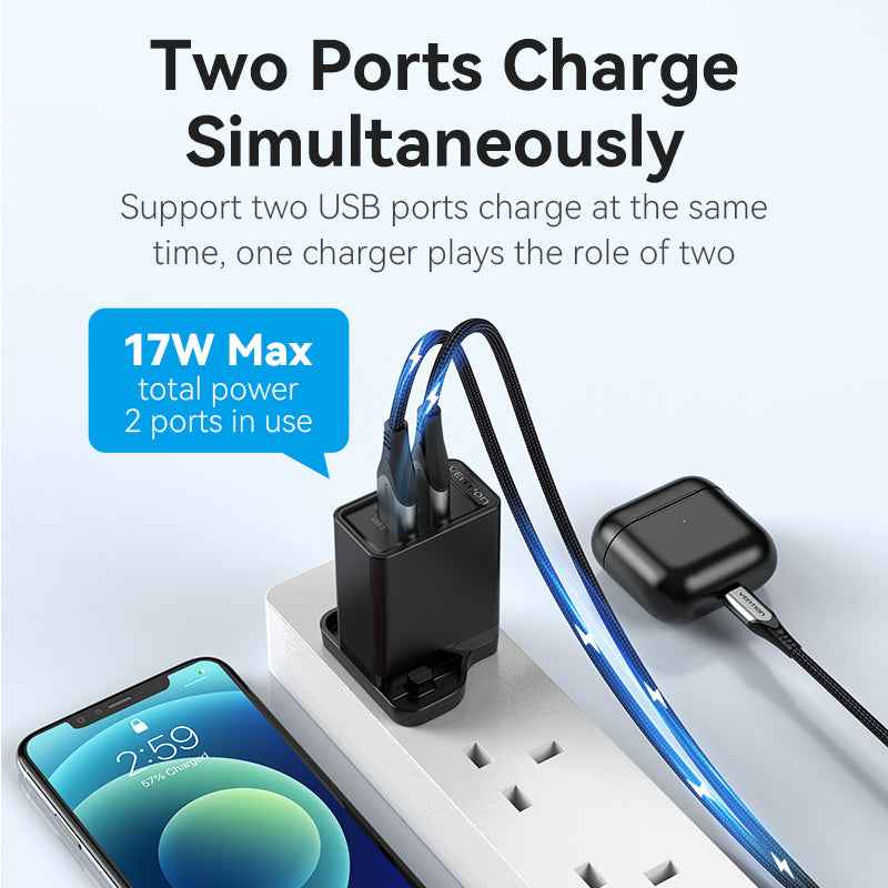 VENTION Two-Port  USB(A+A) Wall Charger (18W/18W) UK-Plug Black