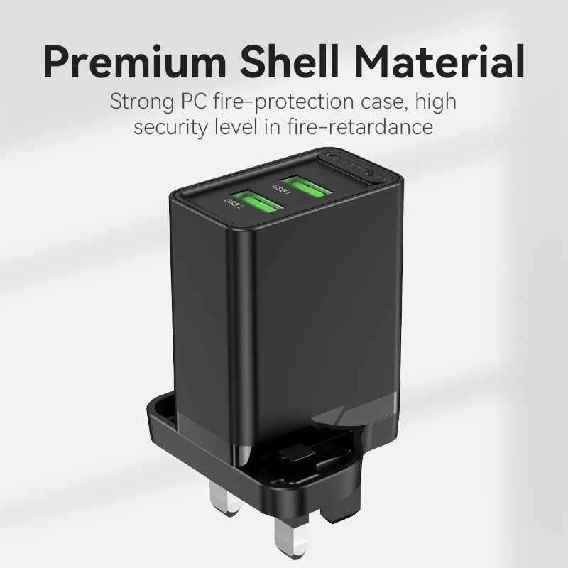 VENTION Two-Port  USB(A+A) Wall Charger (18W/18W) UK-Plug Black
