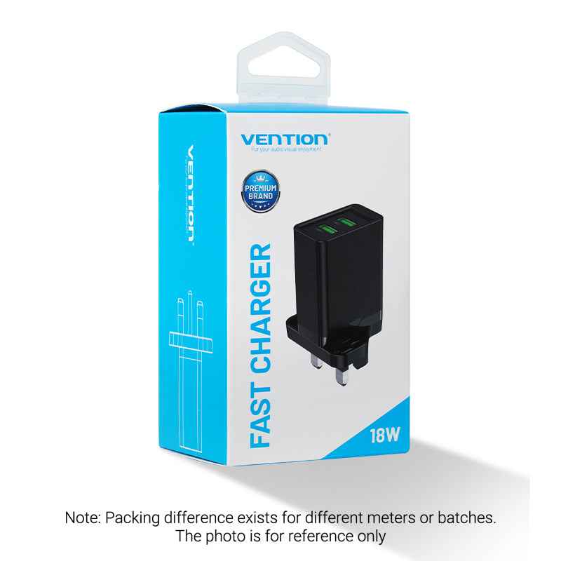 VENTION Two-Port  USB(A+A) Wall Charger (18W/18W) UK-Plug Black