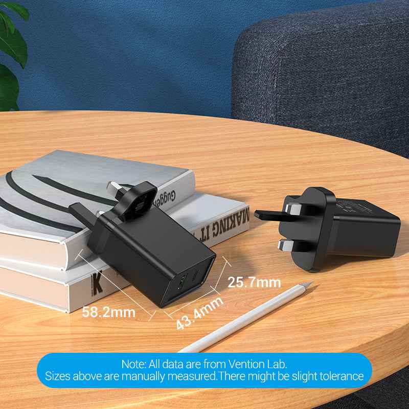 VENTION Two-Port  USB(A+C) Wall Charger (18W/20W) UK-Plug Black