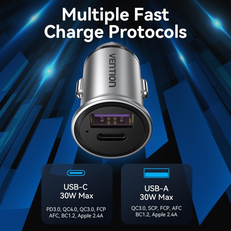 VENTION Two-Port USB A+C (30+30) Car Charger Grey Mini Style Aluminum Alloy Type