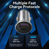 VENTION Two-Port USB A+C (30+30) Car Charger Grey Mini Style Aluminum Alloy Type