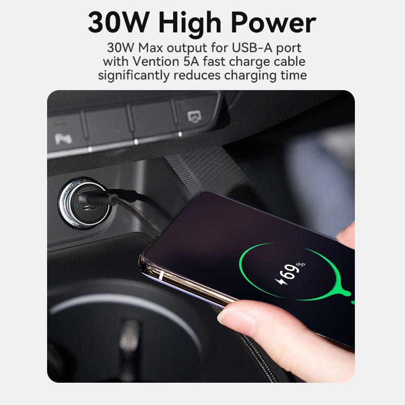 VENTION Two-Port USB A+C (30+30) Car Charger Grey Mini Style Aluminum Alloy Type