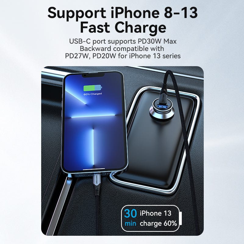 VENTION Two-Port USB A+C (30+30) Car Charger Grey Mini Style Aluminum Alloy Type